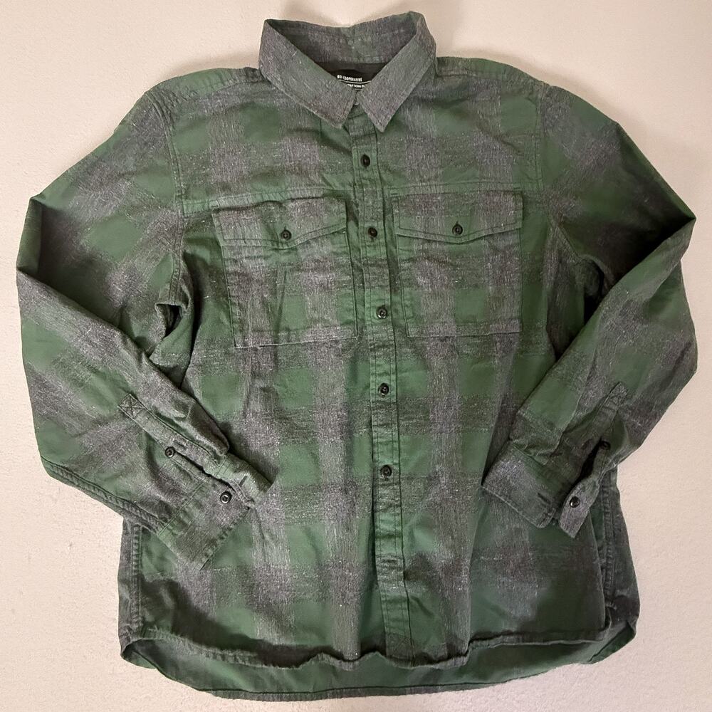 REI Co-op Men's XL Green Gray Plaid Flannel Shirt 100% Cotton Button Front